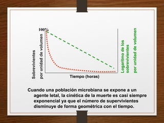Cuando una población microbiana se expone a un
agente letal, la cinética de la muerte es casi siempre
exponencial ya que el número de supervivientes
disminuye de forma geométrica con el tiempo.
Sobrevivientes
porunidaddevolumen
100%
Logaritmodelos
sobrevivientes
porunidaddevolumen
Tiempo (horas)
 