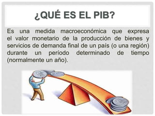 Es una medida macroeconómica que expresa
el valor monetario de la producción de bienes y
servicios de demanda final de un ...