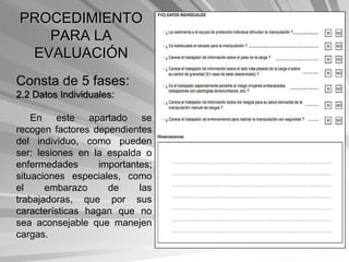 PROCEDIMIENTO
   PARA LA
 EVALUACIÓN
Consta de 5 fases:
2.2 Datos Individuales:

    En este apartado se
recogen factores dependientes
del individuo, como pueden
ser: lesiones en la espalda o
enfermedades      importantes;
situaciones especiales, como
el     embarazo     de     las
trabajadoras, que por sus
características hagan que no
sea aconsejable que manejen
cargas.
 
