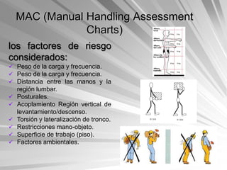 MAC (Manual Handling Assessment
                Charts)
los factores de riesgo
considerados:
 Peso de la carga y frecuencia.
 Peso de la carga y frecuencia.
 Distancia entre las manos y la
    región lumbar.
   Posturales.
   Acoplamiento Región vertical de
    levantamiento/descenso.
   Torsión y lateralización de tronco.
   Restricciones mano-objeto.
   Superficie de trabajo (piso).
   Factores ambientales.
 