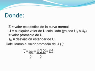 Donde:
Z = valor estadístico de la curva normal.
U = cualquier valor de U calculado (ya sea U1 o U2).
= valor promedio de U.
sU = desviación estándar de U.
Calculamos el valor promedio de U ( ):
 