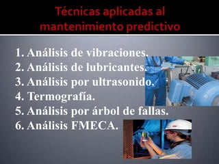 1. Análisis de vibraciones.
2. Análisis de lubricantes.
3. Análisis por ultrasonido.
4. Termografía.
5. Análisis por árbol de fallas.
6. Análisis FMECA.
 
