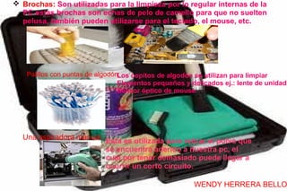  Brochas: Son utilizadas para la limpieza por lo regular internas de la
  PC estas brochas son echas de pelo de camello para que no suelten
  pelusa, también pueden utilizarse para el teclado, el mouse, etc.




    Palillos con puntas de algodón:
                                   Los copitos de algodón se utilizan para limpiar
                                   Elementos pequeños y delicados ej.: lente de unidad,
                                   Sensor óptico de mouse




    Una aspiradora manual: Esta es utilizada para retirar el polvo que
                           se encuentra aderido a nuestra pc, el
                           cual por tener demasiado puede llegar a
                           ocurrir un corto circuito.

                                                         WENDY HERRERA BELLO
 