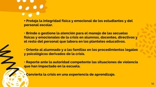 10
+ Proteja la integridad física y emocional de los estudiantes y del
personal escolar.
• Brinde o gestione la atención para el manejo de las secuelas
físicas y emocionales de la crisis en alumnos, docentes, directivos y
el resto del personal que labora en los planteles educativos.
• Oriente al alumnado y a las familias en los procedimientos legales
y psicológicos derivados de la crisis.
• Reporte ante la autoridad competente las situaciones de violencia
que han impactado en la escuela.
• Convierta la crisis en una experiencia de aprendizaje.
 