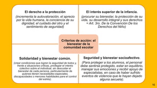 16
El derecho a la protección
(incrementa la autovaloración, el aprecio
por la vida humana, la conciencia de su
dignidad, el cuidado del otro y el
sentimiento de seguridad)
El interés superior de la infancia.
(procurar su bienestar, la protección de su
vida, su desarrollo integral y sus derechos
= Art. 3ro. De la Convención De los
Derechos del Niño)
Solidaridad y bienestar común.
(crear condiciones que logren la seguridad de todos y,
frente a situaciones críticas, privilegiar el interés
colectivo sobre el individual, sin descuidar el
bienestar de cada persona, particularmente de
quienes tienen necesidades especiales,
discapacidades o menores habilidades para el control
del estrés).
Seguridad y bienestar socioafectivo.
(Para proteger a los alumnos, el personal
debe sentirse protegido, estar en equilibrio,
manejar sus emociones y recibir apoyo de
especialistas, en caso de haber sufrido
eventos de violencia que le hayan dejado
alguna secuela).
Criterios de acción: el
bienestar de la
comunidad escolar
 