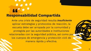“
Responsabilidad Compartida
Ante una crisis de seguridad resulta insuficiente
aplicar estrategias y protocolos de reacción, la
escuela debe ser arropada por la comunidad y
protegida por las autoridades e instituciones
relacionadas con la seguridad pública, así como por
los cuerpos de emergencia y protección civil de
manera rápida y efectiva.
9
 