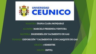 MAESTRA:DIANACLARAMONJARAZ
ALUMNO:MARCELOPRESENDAVENTURA
MATERIA:INGENIERÍAENYACIMIENTODEGAS
TRABAJO:EXPOSICIÓN“YACIMIENTOS CONCASQUETEDEGAS
GRADO:7SEMESTRE
GRUPO:INPTE7
 