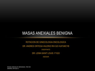 ROTACION DE GINECOLOGIA ONCOLOGICA
DR. ANDRES ORTEGA VALERIO RIII GO HUPJMCYB
DISERTANTE
DR. LEMA SAINT LOUIS F1GO
ASESOR
MASAS ANEXIALES BENIGNA
MASAS ANEXIALES BENIGNAS, POR DR.
ANDRÉS ORTEGA V.
 
