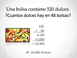 Una bolsa contiene 520 dulces.
?Cuantos dulces hay en 48 bolsas?
520
× 48
4,160
+2,080
= 24,960
R⁄⁄ 24,060 Dulces