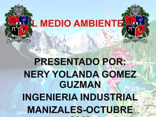 EL MEDIO AMBIENTE PRESENTADO POR:  NERY YOLANDA GOMEZ GUZMAN INGENIERIA INDUSTRIAL MANIZALES-OCTUBRE 2010  