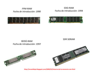 FPM-RAM                                             EDO-RAM
Fecha de introducción: 1990                         Fecha de introducción: 1994




                                                               SDR SDRAM
        BEDO-RAM
Fecha de introducción: 1997




          http://ensanblaje.blogspot.com/2009/01/historia-de-la-memoria-ram.html
 