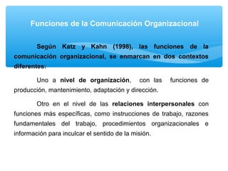 Funciones de la Comunicación Organizacional
Según Katz y Kahn (1998), las funciones de la
comunicación organizacional, se enmarcan en dos contextos
diferentes:
Uno a nivel de organización, con las funciones de
producción, mantenimiento, adaptación y dirección.
Otro en el nivel de las relaciones interpersonales con
funciones más específicas, como instrucciones de trabajo, razones
fundamentales del trabajo, procedimientos organizacionales e
información para inculcar el sentido de la misión.
 