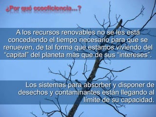 A los recursos renovables no se les está
concediendo el tiempo necesario para que se
renueven, de tal forma que estamos viviendo del
“capital” del planeta más que de sus “intereses”.
Los sistemas para absorber y disponer de
desechos y contaminantes están llegando al
límite de su capacidad.
 