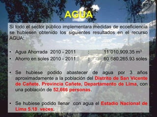 AGUA
Si todo el sector público implementara medidas de ecoeficiencia
se hubiesen obtenido los siguientes resultados en el recurso
AGUA:
• Agua Ahorrada 2010 - 2011 : 11´010,909.35 m3
• Ahorro en soles 2010 - 2011 : 60´680,265.93 soles
• Se hubiese podido abastecer de agua por 3 años
aproximadamente a la población del Distrito de San Vicente
de Cañete, Provincia Cañete, Departamento de Lima, con
una población de 52,666 personas.
• Se hubiese podido llenar con agua el Estadio Nacional de
Lima 5.18 veces.
 