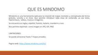 QUE ES MINDOMO
Mindomo es una herramienta web para la creación de mapas mentales y conceptuales de forma
gratuita, sencilla y en línea. Que permite introducir toda clase de contenido, ya sea texto,
hiperenlaces, vídeos, música e imágenes.
Se encuentra en ingles, español, francés, italiano, mandarín y ruso.
Nos permite expórtalo como imagen en JPG, GIF, PNG
LIMITACIONES
Se puede almacenar hasta 7 mapas privados.
Pagina web: https://www.mindomo.com/es/
 