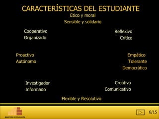 CARACTERÍSTICAS DEL ESTUDIANTE Cooperativo Organizado Empático  Tolerante Democrático Proactivo Autónomo Reflexivo Crítico Investigador Informado Creativo Comunicativo Flexible y Resolutivo Etico y moral Sensible y solidario 6/15 MINISTERIO DE EDUCACIÓN 