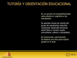 TUTORÍA Y ORIENTACIÓN EDUCACIONAL Es un servicio de acompañamiento socio-afectivo y cognitivo a los estudiantes. Se abordan temas de interés del grupo de estudiantes (elección vocacional, desarrollo personal, salud física y mental, ayuda comunitaria, cultura y actualidad).  Es transversal y permanente. Se destina una hora para tutoría grupal en el aula. 14/15 MINISTERIO DE EDUCACIÓN 