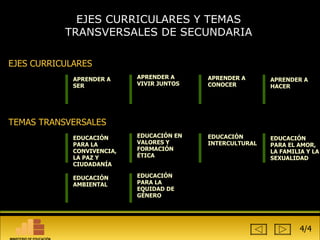 EJES CURRICULARES Y TEMAS TRANSVERSALES DE SECUNDARIA APRENDER A SER APRENDER A HACER APRENDER A VIVIR JUNTOS APRENDER A CONOCER EJES CURRICULARES EDUCACIÓN PARA LA CONVIVENCIA, LA PAZ Y CIUDADANÍA EDUCACIÓN PARA EL AMOR, LA FAMILIA Y LA SEXUALIDAD EDUCACIÓN EN VALORES Y FORMACIÓN ÉTICA EDUCACIÓN INTERCULTURAL TEMAS TRANSVERSALES EDUCACIÓN AMBIENTAL EDUCACIÓN PARA LA EQUIDAD DE GÉNERO 4/4 MINISTERIO DE EDUCACIÓN 