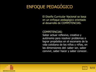 ENFOQUE PEDAGÓGICO El Diseño Curricular Nacional se basa en un enfoque pedagógico orientado al desarrollo de COMPETENCIAS. COMPETENCIAS:   Saber actuar reflexivo, creativo y autónomo para resolver problemas o lograr propósitos en el escenario de la vida cotidiana de los niños y niñas, en las dimensiones del: saber ser, saber convivir, saber hacer y saber conocer.  5/15 MINISTERIO DE EDUCACIÓN 