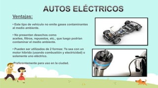 Ventajas:
• Este tipo de vehículo no emite gases contaminantes
al medio ambiente.

• No presentan desechos como
aceites, filtros, repuestos, etc., que luego podrían
contaminar el medio ambiente.
• Pueden ser utilizados de 2 formas: Ya sea con un
motor hibrido (usando combustión y electricidad) o
solamente uno eléctrico.
•Preferentemente para uso en la ciudad.

 