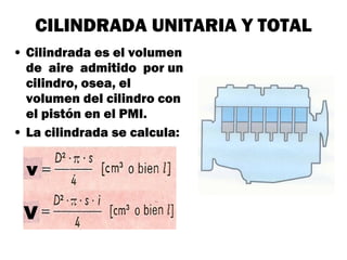 CILINDRADA UNITARIA Y TOTAL
• Cilindrada es el volumen
de aire admitido por un
cilindro, osea, el
volumen del cilindro con
el pistón en el PMI.
• La cilindrada se calcula:
v
V
 