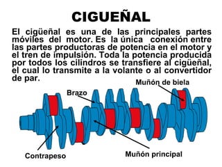 CIGUEÑAL
El cigüeñal es una de las principales partes
móviles del motor. Es la única conexión entre
las partes productoras de potencia en el motor y
el tren de impulsión. Toda la potencia producida
por todos los cilindros se transfiere al cigüeñal,
el cual lo transmite a la volante o al convertidor
de par. Muñón de biela
Contrapeso
Brazo
Muñón principal
 