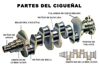 MUÑON DE BIELAORIFICIO DE
LUBRICACION
BRAZO DEL CIGUEÑAL
MUÑON DE
APOYO
TALADROS DE EQUILIBRADO
PERNOS DE
VOLANTE
MUÑON DE BANCADA
ORIFICIOS DE LUBRICACION
PARTES DEL CIGUEÑAL
 