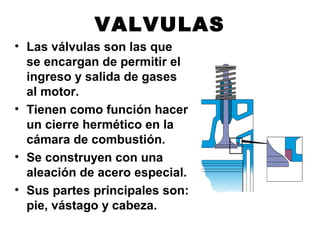 VALVULAS
• Las válvulas son las que
se encargan de permitir el
ingreso y salida de gases
al motor.
• Tienen como función hacer
un cierre hermético en la
cámara de combustión.
• Se construyen con una
aleación de acero especial.
• Sus partes principales son:
pie, vástago y cabeza.
 