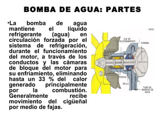 BOMBA DE AGUA: PARTES
•La bomba de agua
mantiene el líquido
refrigerante (agua) en
circulación forzada por el
sistema de refrigeración,
durante el funcionamiento
del motor, a través de los
conductos y las cámaras
de bloque del motor para
su enfriamiento, eliminando
hasta un 33 % del calor
generado principalmente
por la combustión.
Generalmente recibe
movimiento del cigüeñal
por medio de fajas.
 