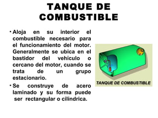 TANQUE DE
COMBUSTIBLE
• Aloja en su interior el
combustible necesario para
el funcionamiento del motor.
Generalmente se ubica en el
bastidor del vehículo o
cercano del motor, cuando se
trata de un grupo
estacionario.
• Se construye de acero
laminado y su forma puede
ser rectangular o cilíndrica.
 