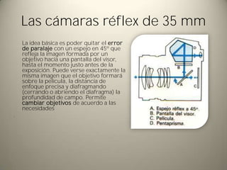 Las cámaras réflex de 35 mm
    La idea básica es poder quitar el error
    de paralaje con un espejo en 45º que
    refleja la imagen formada por un
    objetivo hacia una pantalla del visor,
    hasta el momento justo antes de la
    exposición. Puede verse exactamente la
    misma imagen que el objetivo formará
    sobre la película, la distancia de
    enfoque precisa y diafragmando
    (cerrando o abriendo el diafragma) la
    profundidad de campo. Permite
    cambiar objetivos de acuerdo a las
    necesidades
.
 