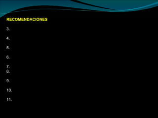RECOMENDACIONES  Se recomienda a los pobladores fiscalizar la ejecución de los proyectos enmarcados dentro presupuesto participativo anual.  Implementación y seguimiento de manuales de normas y procedimientos, mejorados de los documentos de gestión: MOF, ROF, CAP  Implementación de sistemas computarizados de control de inventario. PROCURA Aplicar un programa de capacitación y adiestramiento al personal en áreas de relaciones humanas y producción.  Buscar alianzas estratégicas con instituciones públicas y privadas.  Realizar las acciones necesarias para llegar exportar los productos que se producen dentro del distrito.  Adquisición de activos fijos, a fin de trabajar realmente sobre la capacidad total de la municipalidad. Implantar y cumplir con los sistemas de control administrativos, de producción y contables (contabilidad de costos)  Reestructurar el organigrama adaptándose a la realidad local, regional y nacional. 