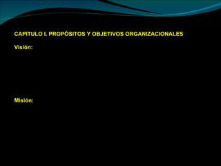 CAPITULO I. PROPÓSITOS Y OBJETIVOS ORGANIZACIONALES Visión: El distrito de Anco, en el año 2021 será un distrito vialmente integrado, con un sistema de  crecimiento urbano y rural planificado, racional en armonía con su medio ambiente. Tendrá  un Gobierno Local realmente democrático, participativo y transparente que promueve la participación directa de instituciones y la sociedad civil en la gestión del desarrollo económico, social y cultural. Misión:  Anco, ha avanzado significativamente en la implementación de un sistema de gobierno transparente, democrático que promueve una masiva participación de la sociedad civil en los procesos de desarrollo social y económico para convertirse en una institución gestora del desarrollo con la amplia participación de instituciones públicas, privadas, asociaciones diversas y líderes/ lideresas.  
