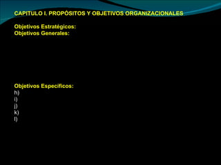 CAPITULO I. PROPÓSITOS Y OBJETIVOS ORGANIZACIONALES Objetivos Estratégicos:  Objetivos Generales: La planificación estratégica de la Municipalidad Distrital de Anco, es una propuesta al futuro, que considera ejes fundamentales de acción para su inmediata aplicación. Ejes estratégicos que se exponen en forma sintética con la finalidad de que las opciones sean percibidas claramente, y a la vez permitan un desarrollo real, palpable, que posibilite traducir los buenos deseos en actuaciones concretas. Objetivos Específicos:  Institucionalización de la participación ciudadana Impulso al desarrollo humano, social, cultural y económico local Fortalecimiento institucional Mejoramiento de servicios básicos e infraestructura Protección y preservación del medio ambiente 