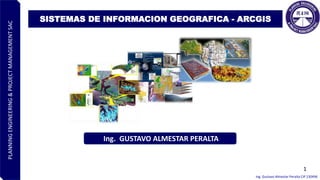 Ing. Gustavo Almestar Peralta CIP 230496
PLANNING
ENGINEERING
&
PROJECT
MANAGEMENT
SAC
SISTEMAS DE INFORMACION GEOGRAFICA - ARCGIS
Ing. GUSTAVO ALMESTAR PERALTA
1
 