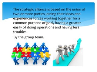  The strategic alliance is based on the union of
two or more parties joining their ideas and
experiences forces working together for a
common purpose or goal, having a greater
easily of doing operations and having less
troubles.
By the group team.
 