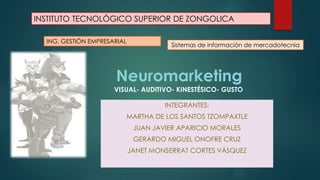 INTEGRANTES:
MARTHA DE LOS SANTOS TZOMPAXTLE
JUAN JAVIER APARICIO MORALES
GERARDO MIGUEL ONOFRE CRUZ
JANET MONSERRAT CORTES VÁSQUEZ
INSTITUTO TECNOLÓGICO SUPERIOR DE ZONGOLICA
ING. GESTIÓN EMPRESARIAL
Sistemas de información de mercadotecnia
Neuromarketing
VISUAL- AUDITIVO- KINESTÉSICO- GUSTO
 