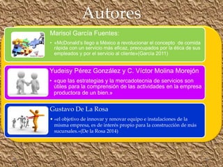 Autores
Marisol García Fuentes:
• «McDonald’s llego a México a revolucionar el concepto de comida
rápida con un servicio más eficaz, preocupados por la ética de sus
empleados y por el servicio al cliente»(García 2011)
Yudeisy Pérez González y C. Víctor Molina Morejón
• «que las estrategias y la mercadotecnia de servicios son
útiles para la comprensión de las actividades en la empresa
productora de un bien.»
Gustavo De La Rosa
• «el objetivo de innovar y renovar equipo e instalaciones de la
misma empresa, es de interés propio para la construcción de más
sucursales.»(De la Rosa 2014)
 