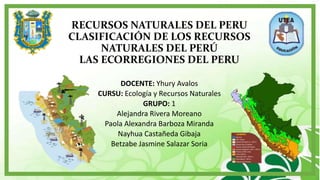 RECURSOS NATURALES DEL PERU
CLASIFICACIÓN DE LOS RECURSOS
NATURALES DEL PERÚ
LAS ECORREGIONES DEL PERU
DOCENTE: Yhury Avalos
CURSU: Ecología y Recursos Naturales
GRUPO: 1
Alejandra Rivera Moreano
Paola Alexandra Barboza Miranda
Nayhua Castañeda Gibaja
Betzabe Jasmine Salazar Soria
 