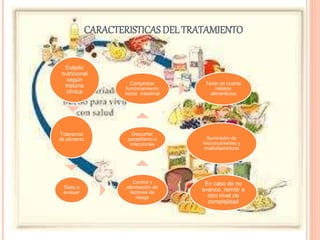 CARACTERISTICAS DEL TRATAMIENTO 
Estado 
nutricional 
según 
historia 
clínica 
Tolerancia 
de alimento 
Dieta a 
evaluar 
Comprobar 
funcionamiento 
tracto intestinal 
Descartar 
parasitismo e 
infecciones 
Control y 
eliminación de 
factores de 
riesgo 
Tener en cuenta 
hábitos 
alimenticios 
Suministro de 
micronutrientes y 
multivitamínicos 
En caso de no 
avance, remitir a 
otro nivel de 
complejidad 
 