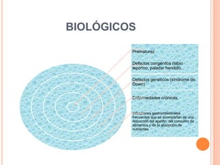BIOLÓGICOS 
Prematurez 
Defectos congénitos (labio 
leporino, paladar hendido) 
Defectos genéticos (síndrome de 
Down) 
Enfermedades crónicas. 
Infecciones gastrointestinales 
frecuentes que se acompañan de una 
reducción del apetito, del consumo de 
alimentos y de la absorción de 
nutrientes 
 
