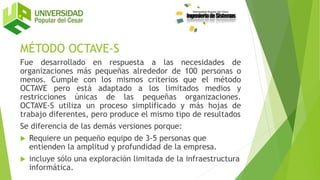 MÉTODO OCTAVE-S
Fue desarrollado en respuesta a las necesidades de
organizaciones más pequeñas alrededor de 100 personas o
menos. Cumple con los mismos criterios que el método
OCTAVE pero está adaptado a los limitados medios y
restricciones únicas de las pequeñas organizaciones.
OCTAVE-S utiliza un proceso simplificado y más hojas de
trabajo diferentes, pero produce el mismo tipo de resultados
Se diferencia de las demás versiones porque:
 Requiere un pequeño equipo de 3-5 personas que
entienden la amplitud y profundidad de la empresa.
 incluye sólo una exploración limitada de la infraestructura
informática.
 