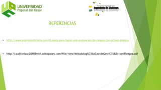 REFERENCIAS
• http://www.expresionbinaria.com/8-pasos-para-hacer-una-evaluacion-de-riesgos-con-octave-allegro/
• http://auditoriauc20102mivi.wikispaces.com/file/view/Metodolog%C3%ACas+deGestiC3%B2n+de+Riesgos.pdf
 