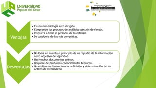 Ventajas
• Es una metodología auto dirigida
• Comprende los procesos de análisis y gestión de riesgos.
• Involucra a todo el personal de la entidad.
• Se considera de las más completas.
Desventajas
• No toma en cuenta el principio de no repudio de la información
como objetivo de seguridad.
• Usa muchos documentos anexos.
• Requiere de profundos conocimientos técnicos.
• No explica en forma clara la definición y determinación de los
activos de información
 