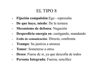 - Fijación compulsión:Ego - represalia
- De que huye, miedo: De la ternura
- Mecanismo de defensa: Negación
- Desperdicia energía en: castigando, mandando
- Estilo de comunicación: Directo, confronta
- Trampa: Su justicia a utranza
- Temor: Someterse a otros
- Deseo: Fiarse de sí, ya que descofía de todos
- Persona Integrada: Fuerza, sencillez
EL TIPO 8
 