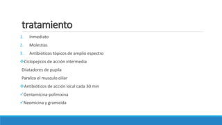tratamiento
1. Inmediato
2. Molestias
3. Antibióticos tópicos de amplio espectro
Ciclopejicos de acción intermedia
Dilatadores de pupila
Paraliza el musculo ciliar
Antibióticos de acción local cada 30 min
Gentamicina-polimixina
Neomicina y gramicida
 