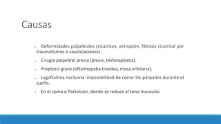 Causas
● Deformidades palpebrales (cicatrices, ectropión, fibrosis cicatrizal por
traumatismos o causticaciones).
● Cirugía palpebral previa (ptosis, blefaroplastia).
● Proptosis grave (oftalmopatía tiroidea, masa orbitaria).
● Lagoftalmía nocturna: imposibilidad de cerrar los párpados durante el
sueño.
● En el coma o Parkinson, donde se reduce el tono muscular.
 