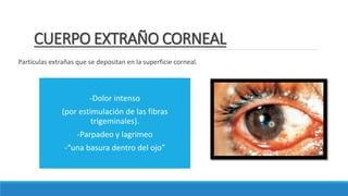 CUERPO EXTRAÑO CORNEAL
Partículas extrañas que se depositan en la superficie corneal.
-Dolor intenso
(por estimulación de las fibras
trigeminales).
-Parpadeo y lagrimeo
-“una basura dentro del ojo”
 