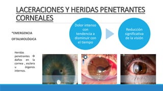 LACERACIONES Y HERIDAS PENETRANTES
CORNEALES
*EMERGENCIA
OFTALMOLÓGICA
Heridas
penetrantes 
daños en la
cornea , esclera
u órganos
internos.
Dolor intenso
con
tendencia a
disminuir con
el tiempo
Reducción
significativa
de la visión
 