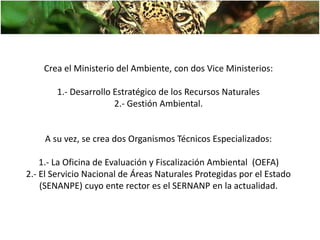 Crea el Ministerio del Ambiente, con dos Vice Ministerios:
1.- Desarrollo Estratégico de los Recursos Naturales
2.- Gestión Ambiental.
A su vez, se crea dos Organismos Técnicos Especializados:
1.- La Oficina de Evaluación y Fiscalización Ambiental (OEFA)
2.- El Servicio Nacional de Áreas Naturales Protegidas por el Estado
(SENANPE) cuyo ente rector es el SERNANP en la actualidad.
 